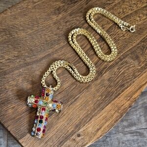 Colorful Rhinestone Gold Tone Cross Pendant Thick Gold Chain Necklace/Brooch